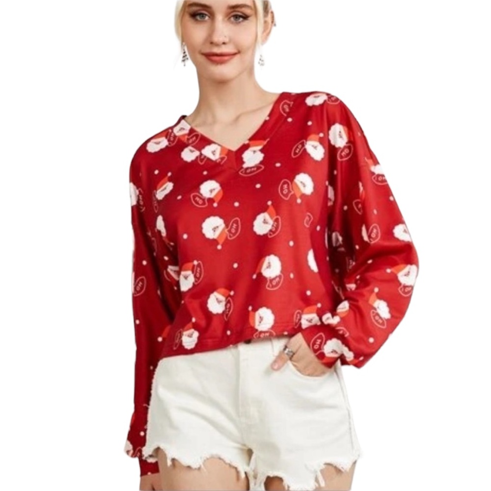 Santa Claus Print Red and White Long Sleeve Shirt